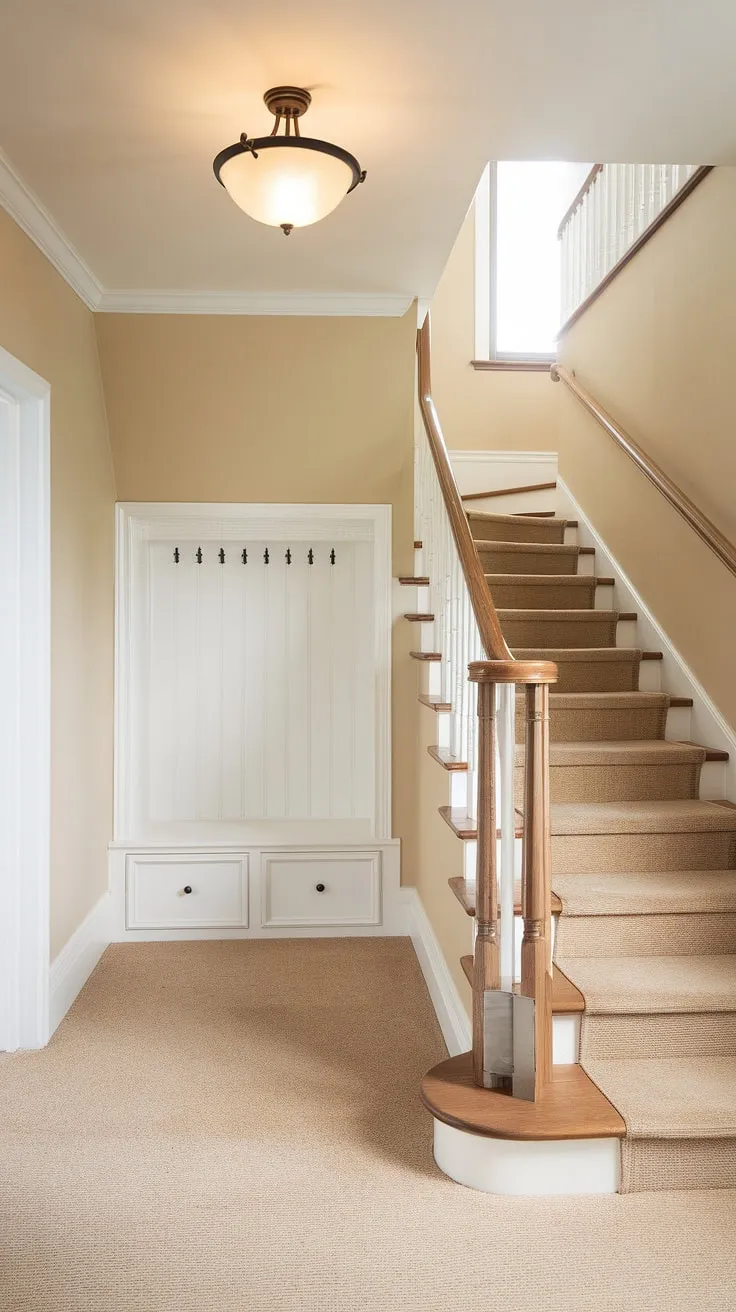 Step into this inviting new build bungalow entry hall, where a small foyer entryway seamlessly blends style and functionality. The entryway storage bench offers practical convenience, complemented by a small entryway closet tucked away for added storage. Beige walls and carpeting create a warm and welcoming atmosphere, while the wooden stairs with beige railing lead upstairs. This home entrance, showcasing clever home entrance ideas, proves that even a small entrance with stairs can be both beautiful and efficient.