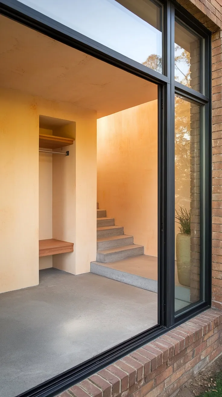 Sunlight streams into this inviting bungalow entry hall. A new build entryway designed for both style and practicality, featuring a small entrance with stairs, entryway storage bench, and small entryway closet. Perfect house entrance inspiration.