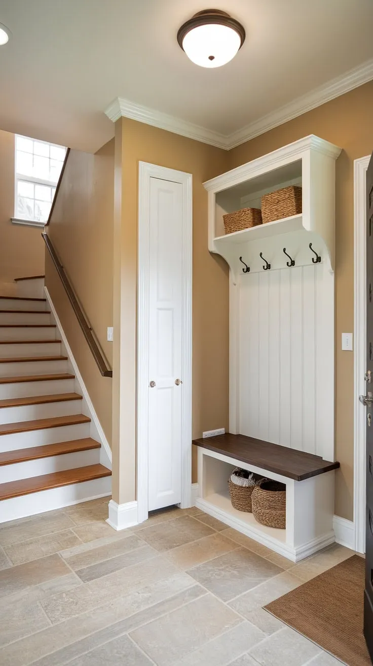 Light and airy, this small entrance with stairs makes a grand statement. The entry hall's entryway storage bench and small entryway closet cleverly utilize space in this new build entryway, providing practical solutions for a house entrance.