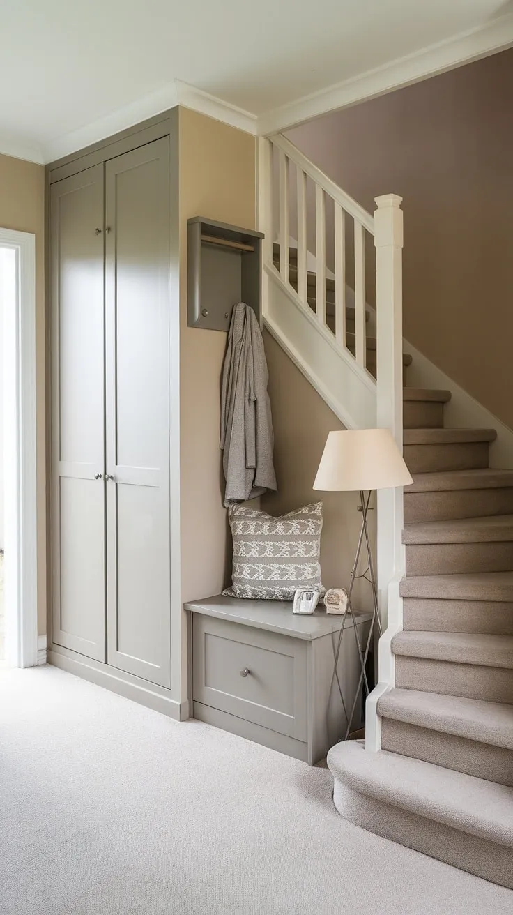 Light and airy, this bungalow entry hall welcomes you home. The new build entryway's design showcases how a small entrance with stairs can be transformed with thoughtful touches, including an entryway storage bench and a discreet closet. Perfect inspiration for your own house entrance.