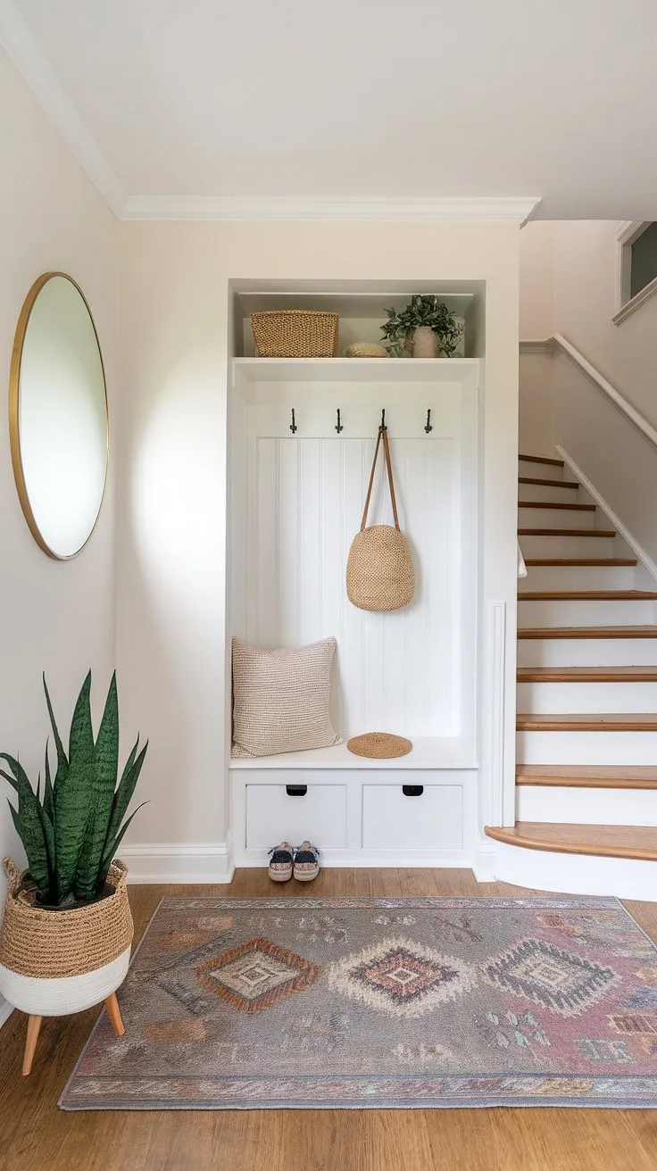 Step into serenity: This new build bungalow entry hall boasts clever storage solutions, including an entryway storage bench and small entryway closet, making the most of this small entrance with stairs. Perfect home entrance ideas for maximizing space.
