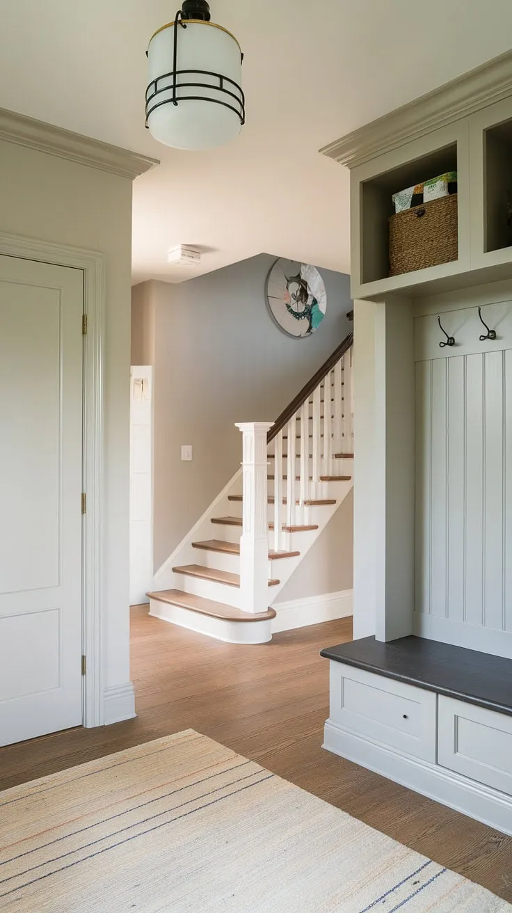A charming and efficient small entrance with stairs, this new build entryway showcases smart design. The light grey walls and wood floors of this bungalow entry hall are complemented by a small entryway closet and an entryway storage bench, maximizing space in this house entrance. This foyer entryway offers inspiration for anyone seeking home entrance ideas for a small space.