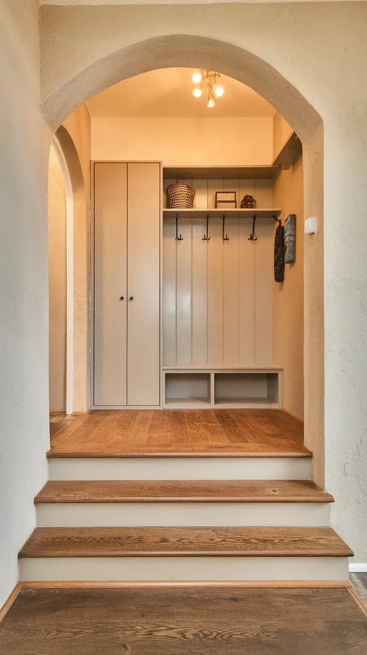 This foyer entryway sets the tone for the entire house. The thoughtfully designed bungalow entry hall, a new build entryway, boasts a small entrance with stairs, yet feels spacious thanks to smart storage like the entryway storage bench and small entryway closet. A beautiful example of house entrance ideas.