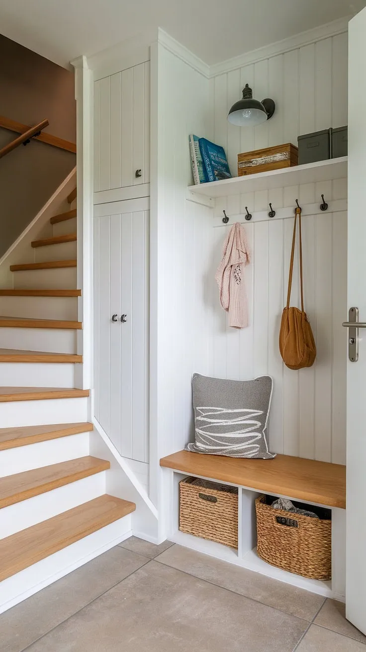 Sunlight streams into this charming new build entryway, highlighting the clever use of space in this small entrance with stairs. An entryway storage bench provides practical seating and storage, while a small entryway closet maximizes organization. This bungalow entry hall showcases smart home entrance ideas, proving that even a compact foyer entryway can be both stylish and functional.