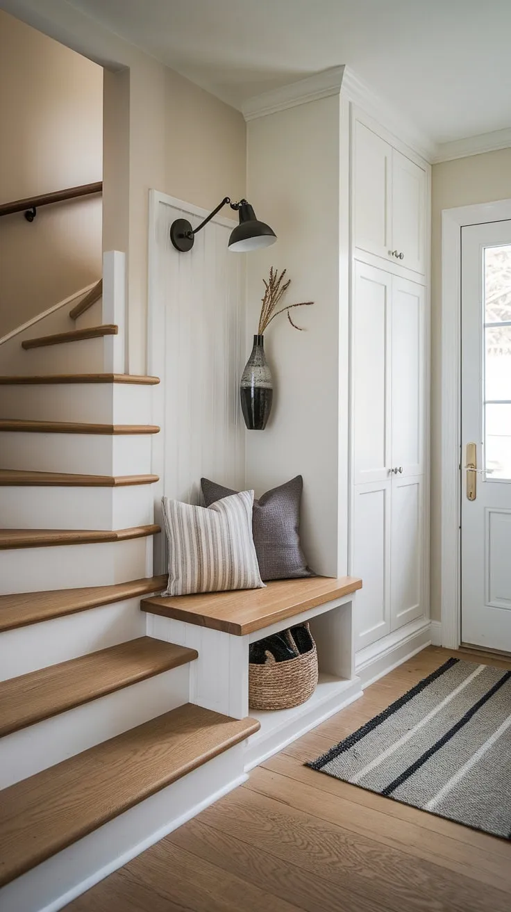 A charming bungalow entry hall, perfectly designed for modern living. This new build entryway showcases smart home entrance ideas, including an entryway storage bench and a discreet closet, all within a small entrance with stairs. The result? A functional and beautiful house entrance.