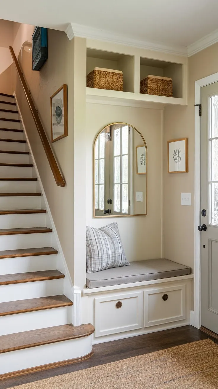 Step into this bright and airy new build bungalow entry hall, showcasing clever space-saving solutions. A small entryway closet to the left and an entryway storage bench with a mirror to the right maximize functionality in this small entrance with stairs. The light beige walls create a welcoming atmosphere, offering inspiration for home entrance ideas and foyer entryway design.