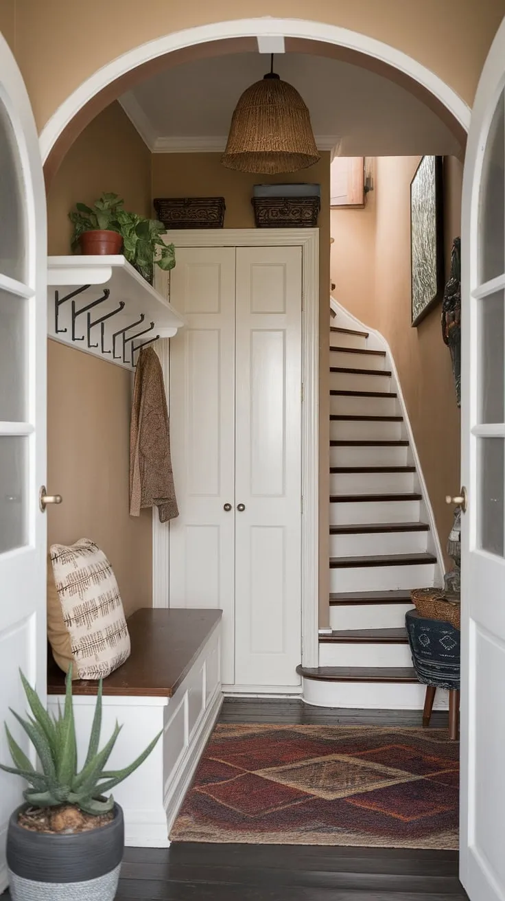 This cozy bungalow entry hall showcases practical yet stylish new build entryway design. The small entrance, complete with stairs leading upstairs, is cleverly optimized with an entryway storage bench and a small entryway closet. This house entrance offers inspiration for those seeking home entrance ideas, proving that even a small space can be both functional and inviting. The beige walls provide a neutral backdrop for personal touches.