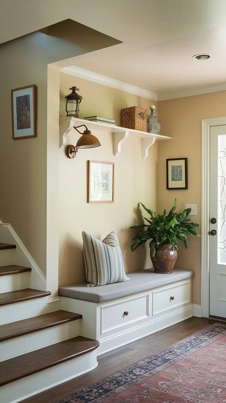 Step into serenity: This bungalow entry hall, with its clever entryway storage bench and small entryway closet, proves that even a small entrance with stairs can be both stylish and functional. Home entrance ideas don't get much better than this new build entryway.