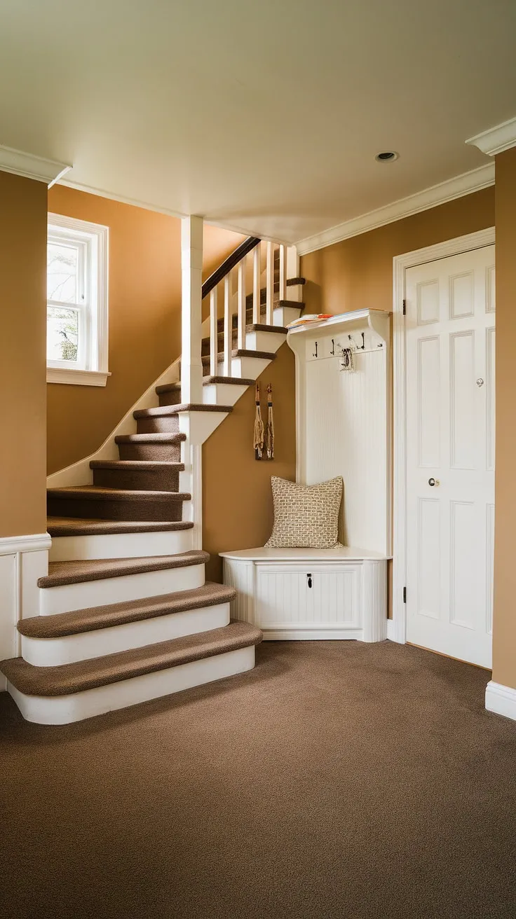 Sunlight streams into this charming bungalow entry hall, highlighting the dark grey carpet and warm beige walls. A white entryway storage bench provides practical seating and storage, while a small entryway closet neatly tucks away coats and shoes. The small entrance with stairs leading to the upper level adds architectural interest to this new build entryway. This foyer entryway is a perfect example of maximizing space in a small house entrance. Home entrance ideas don't get much more functional and stylish.