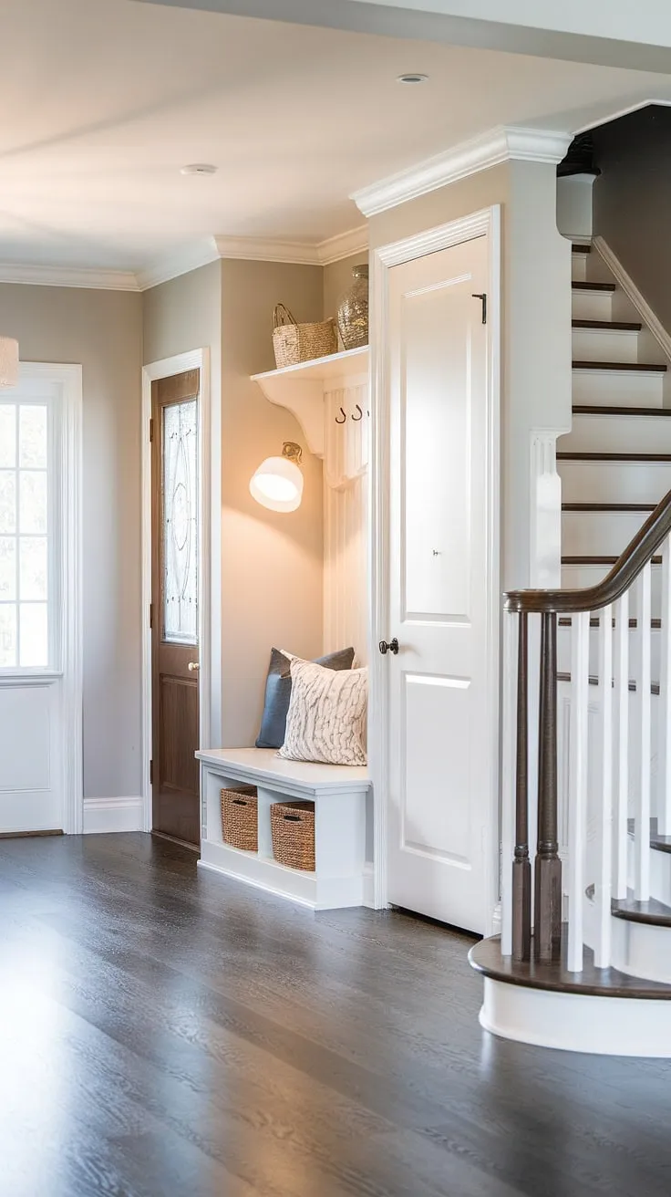 This new build entryway showcases smart design in a small space. The bungalow entry hall features a practical entryway storage bench and a small entryway closet, cleverly incorporated near the stairs. This small entrance with stairs is a testament to efficient home entrance ideas, proving that even a compact foyer entryway can be both stylish and functional. The dark wood floors and light grey walls create a calming and inviting house entrance.