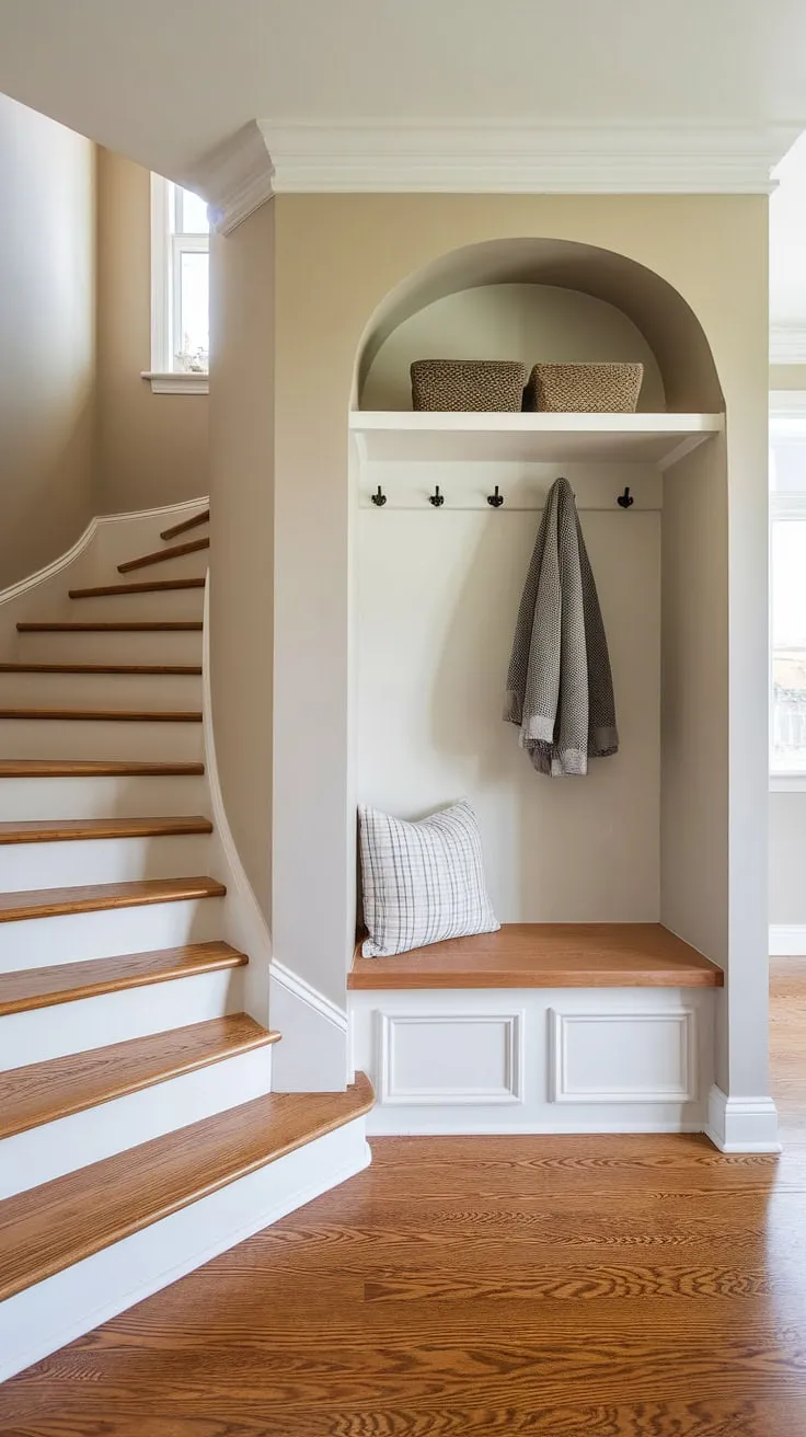 Step into serenity: This new build bungalow entry hall, with its curved wall and clever storage solutions, redefines small space living. The entryway storage bench and small entryway closet maximize functionality, while the hardwood floors and staircase add a touch of elegance to this foyer entryway. A perfect example of home entrance ideas for a small entrance with stairs.