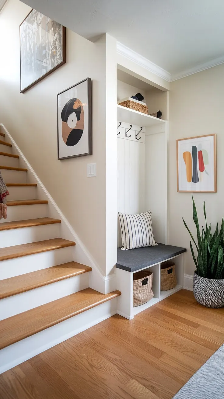 This thoughtfully designed bungalow entry hall showcases clever home entrance ideas for a new build. The small entrance with stairs is surprisingly spacious, thanks to the integrated entryway storage bench and small entryway closet. Modern art adds personality to this functional foyer entryway, while the wood floors and a potted plant create a welcoming atmosphere. A perfect example of maximizing space in a small entrance.