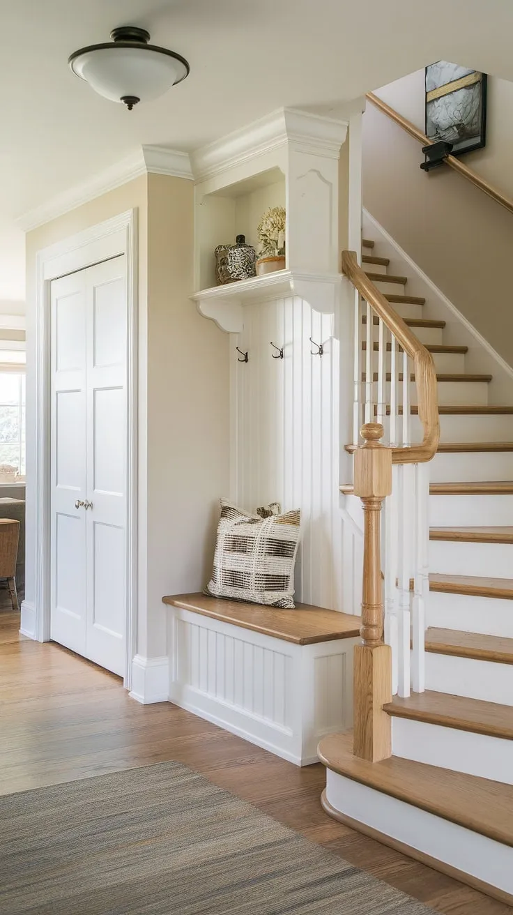 Step into this charming new build entryway, a perfect example of bungalow entry hall design. The small entrance with stairs features clever storage solutions, including an entryway storage bench nestled beneath the staircase and a small entryway closet for added convenience. The decorative shelf and light fixture add character to this functional foyer entryway, showcasing smart home entrance ideas within a limited space.