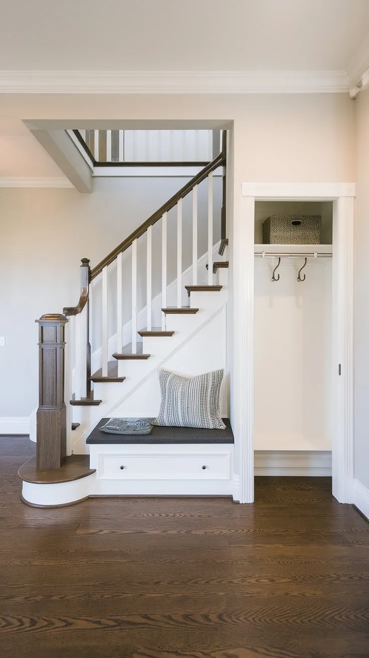 This new build entryway boasts a sophisticated design, featuring a dark wooden staircase and matching floors in a compact bungalow entry hall. The small entrance with stairs is cleverly optimized with an entryway storage bench tucked beneath, and a small entryway closet for added convenience. This foyer entryway exemplifies smart home entrance ideas for maximizing space and style in a small space.