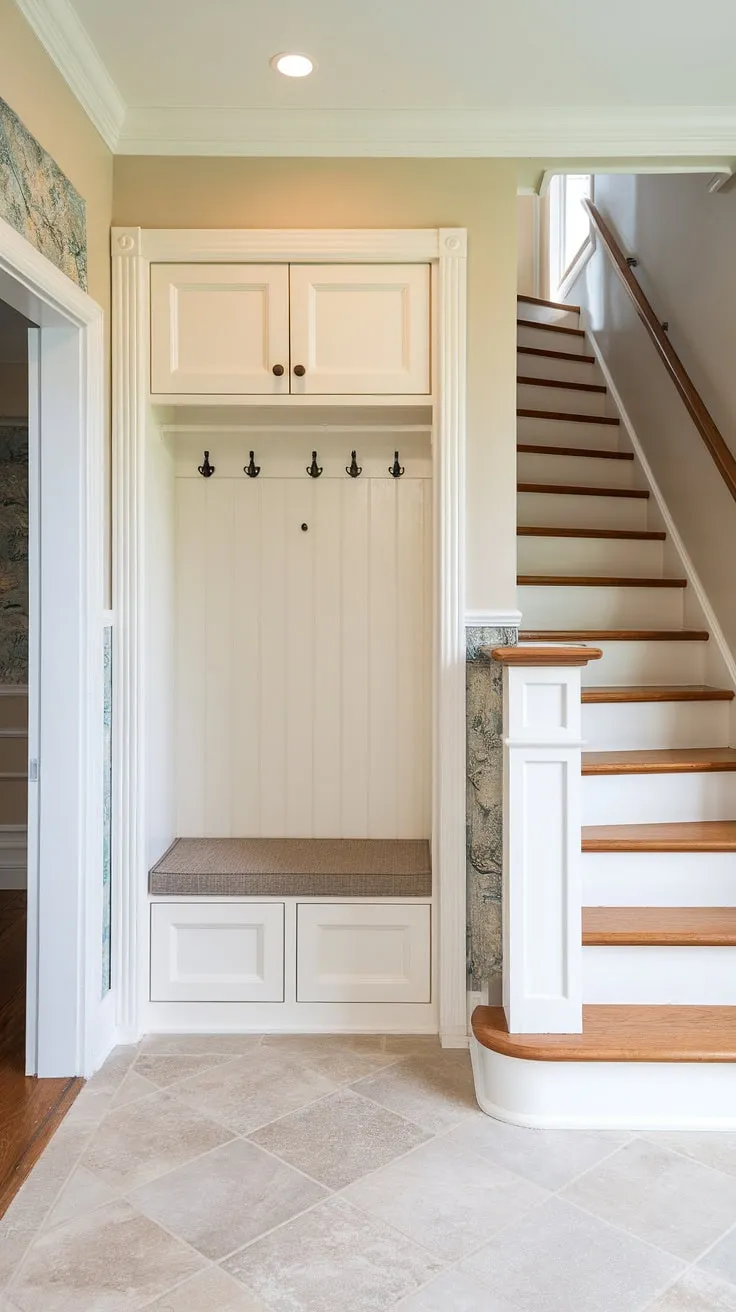 This thoughtfully designed bungalow entry hall offers a welcoming house entrance. The new build entryway features a practical small entryway closet and a stylish entryway storage bench, cleverly maximizing space. Light-colored walls and bright lighting enhance the feeling of openness in this small entrance with stairs, providing inspiration for anyone seeking home entrance ideas. The foyer entryway is both functional and aesthetically pleasing.