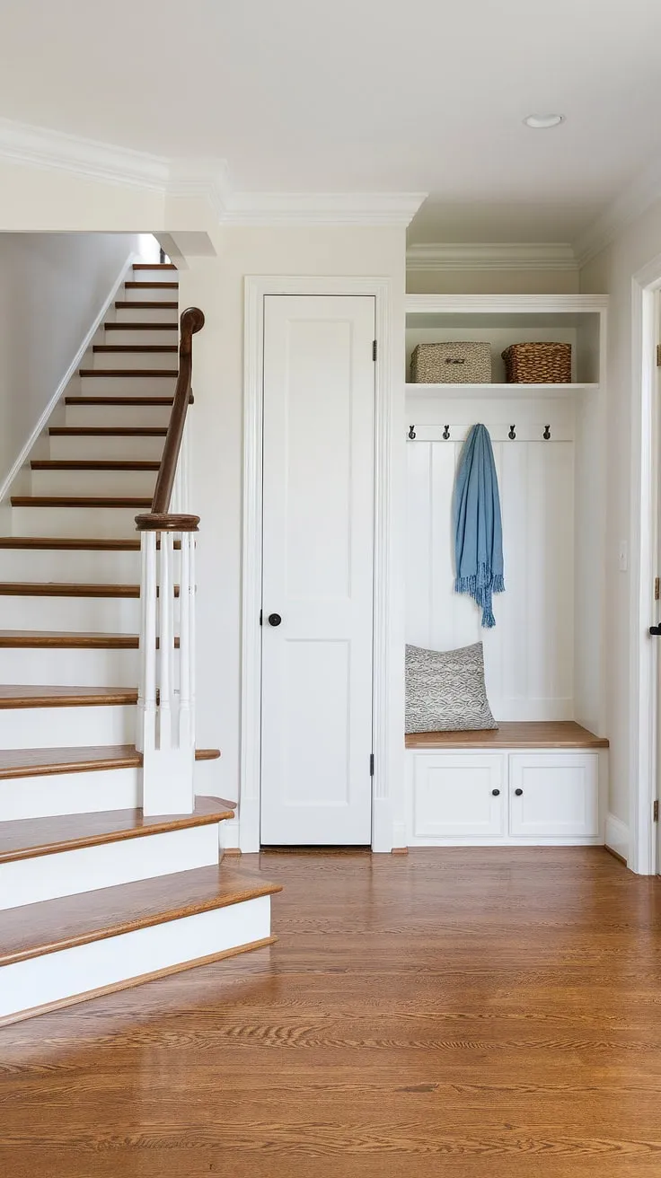 Step into this bright and airy new build entryway, showcasing clever storage solutions in a small space. The bungalow entry hall features a convenient entryway storage bench and a small entryway closet, maximizing functionality within this small entrance with stairs. Hardwood floors and crisp white walls complete the clean aesthetic of this foyer entryway, offering inspiration for home entrance ideas.