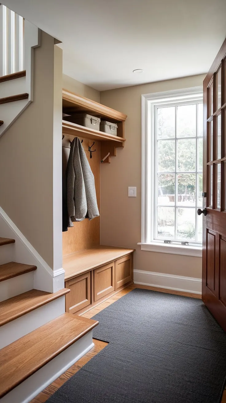 This small entry hall in a bungalow boasts a beautifully designed new build entryway. The light wood of the entryway storage bench and small entryway closet complements the beige walls, creating a warm and inviting house entrance. The strategic placement of a large window brightens this small entrance with stairs, offering inspiration for anyone seeking clever bungalow entry hall and foyer entryway solutions.