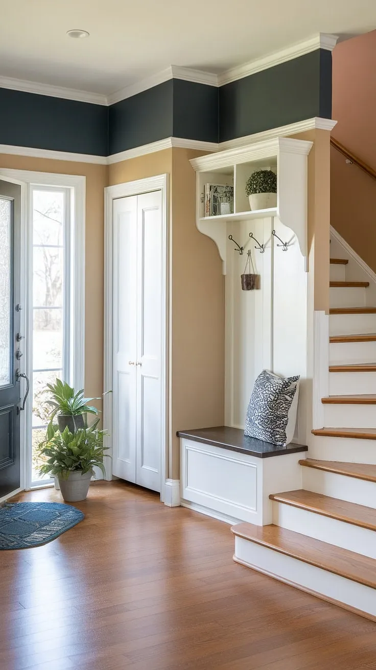 Step into serenity: This bungalow entry hall's clever design maximizes space with an entryway storage bench and small entryway closet, proving that even a small entrance with stairs can be stylish. Home entrance ideas don't get much better than this new build entryway.