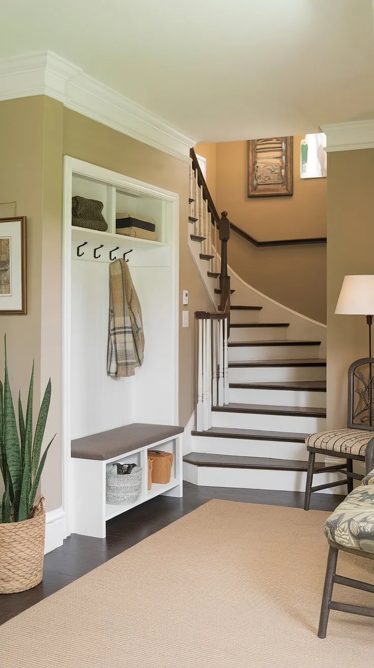 This cozy bungalow entry hall offers a welcoming house entrance. The small entrance with stairs is cleverly designed, incorporating an entryway storage bench and a small entryway closet to optimize space. Neutral tones and a strategically placed lamp create a warm ambiance in this functional foyer entryway, demonstrating practical and stylish home entrance ideas for a new build.