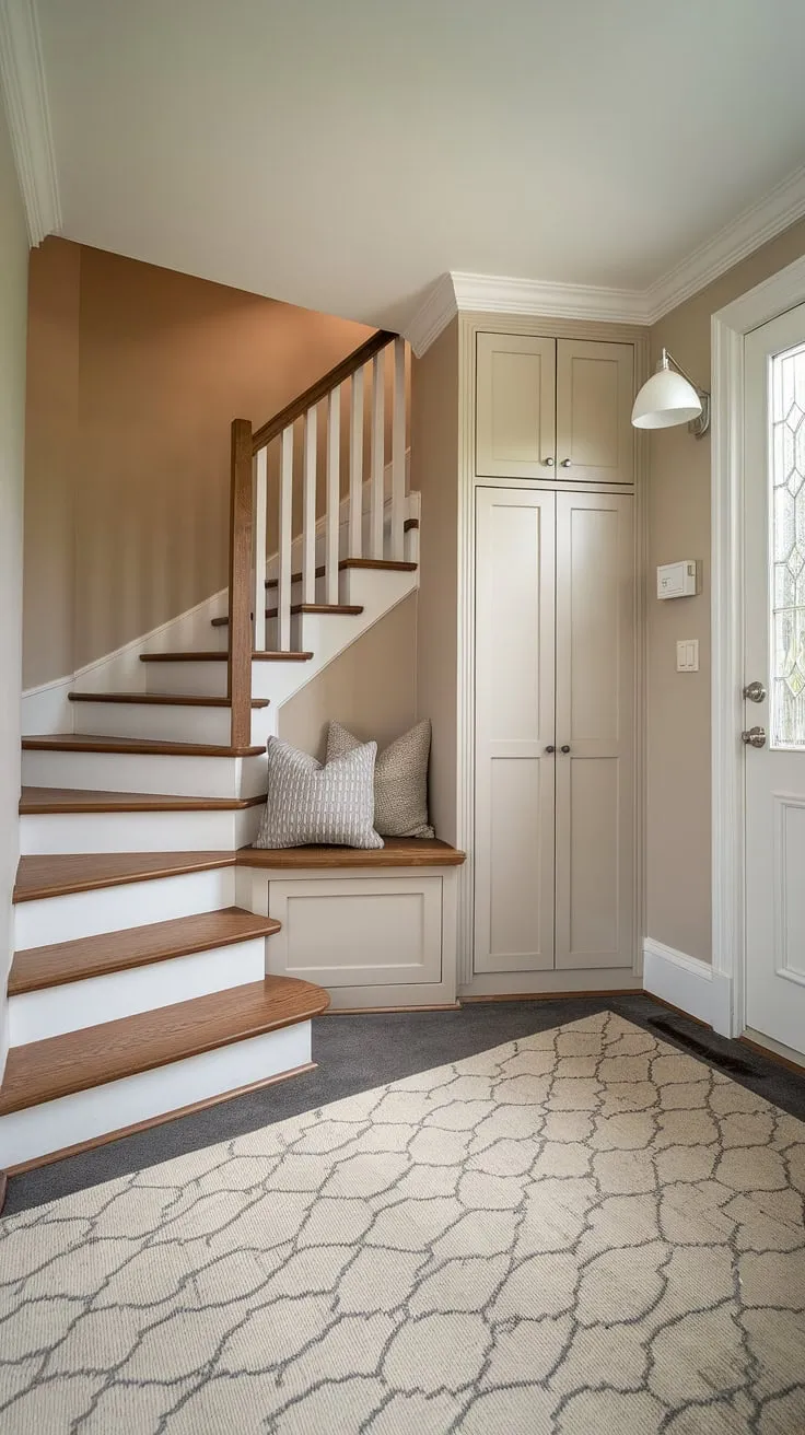 Step into this charming new-build bungalow, where a thoughtfully designed foyer entryway welcomes you. The small entrance with stairs leads to the main living area, while an entryway storage bench and small entryway closet offer practical solutions for this compact yet stylish bungalow entry hall. The beige walls and patterned rug create a warm and inviting atmosphere, perfect for showcasing your home entrance ideas.