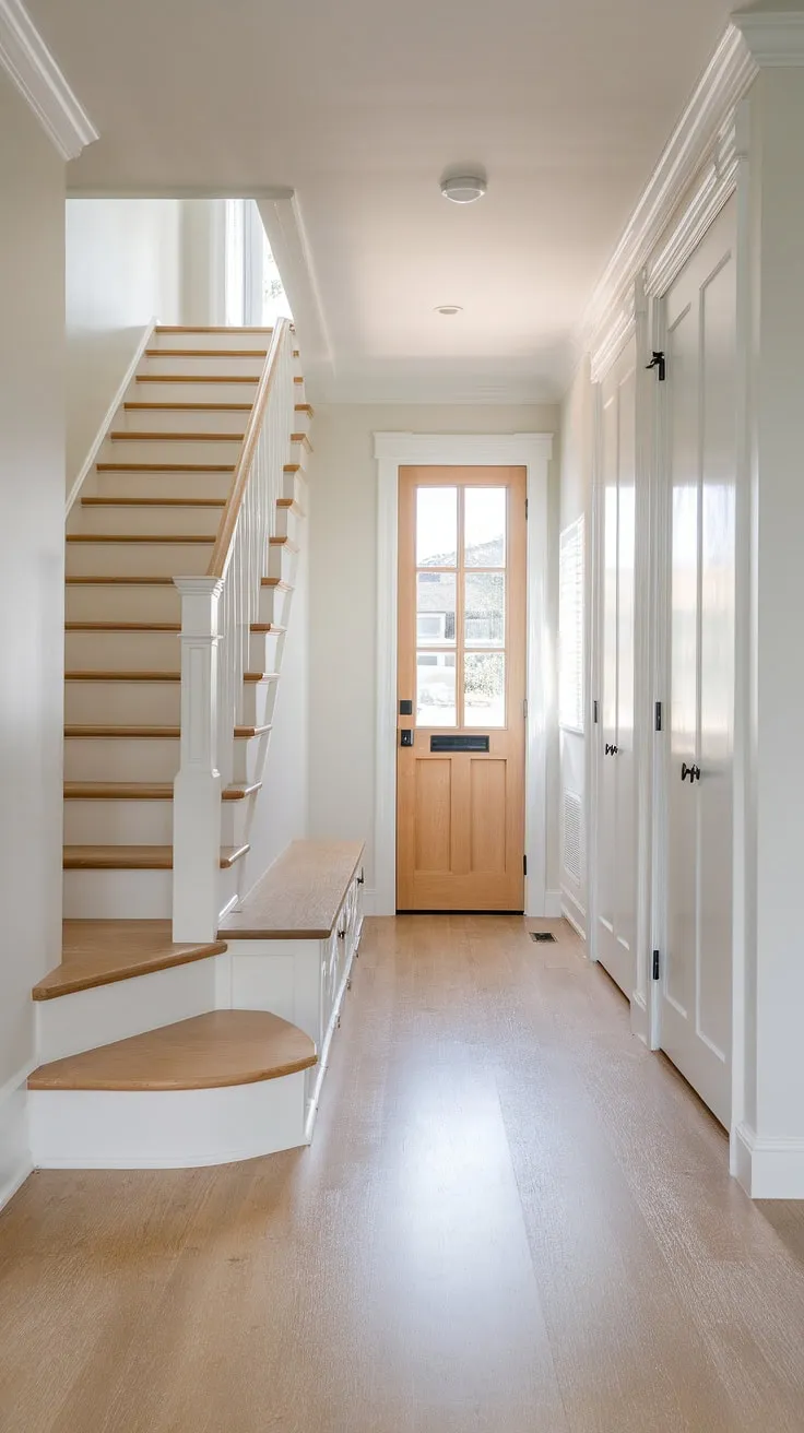 Sunlight streams into this bright and airy bungalow entry hall, showcasing the light wood floors and crisp white walls. The small entrance with stairs features a practical entryway storage bench, perfect for shoes and bags, and a small entryway closet tucked neatly to the side. This new build entryway offers clever home entrance ideas for maximizing space in a small foyer entryway.