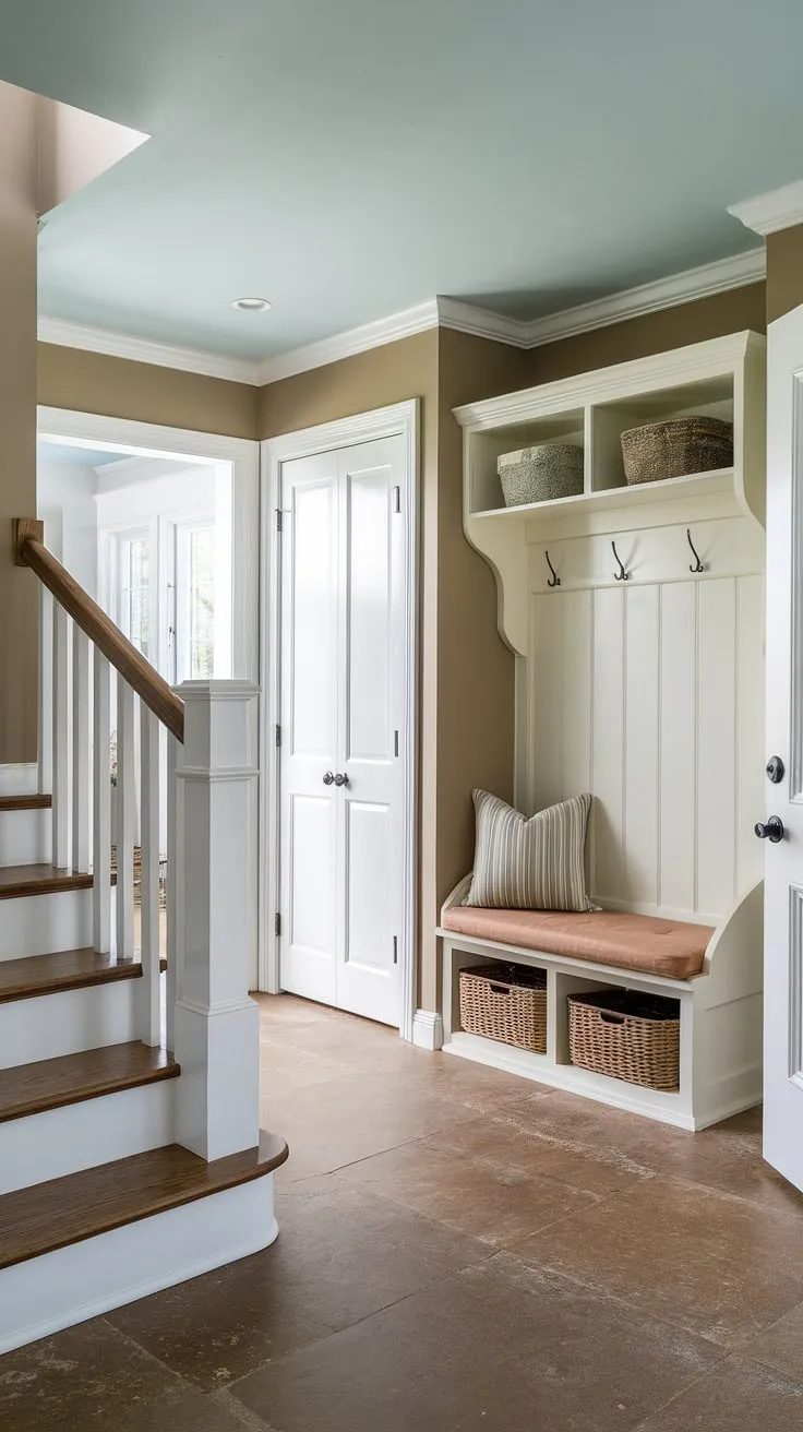 Step into serenity: This new build entryway, a charming bungalow entry hall, offers clever storage solutions with an entryway storage bench and small entryway closet, maximizing space in this small entrance with stairs. The perfect home entrance ideas for a welcoming foyer entryway.