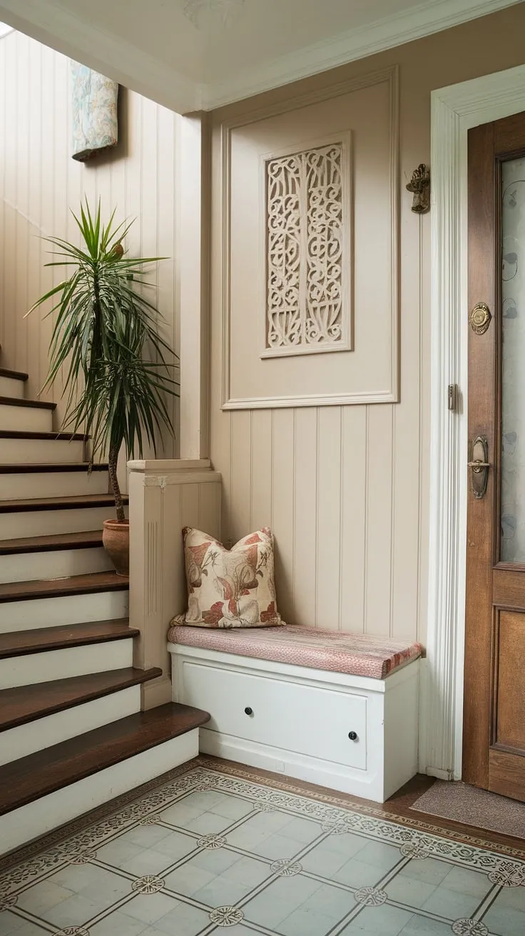 Step into charm: This bungalow entry hall, with its clever entryway storage bench and small entrance with stairs, proves that even a small entryway closet can be stylish. Home entrance ideas don't get much cozier.