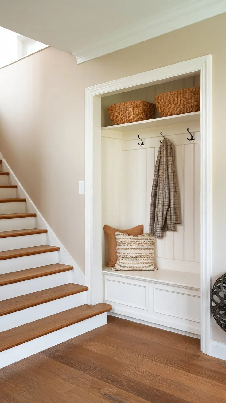A charming foyer entryway welcomes you to this bungalow. The new build entryway cleverly incorporates an entryway storage bench and small entryway closet, making the most of this small entrance with stairs. House entrance goals.
