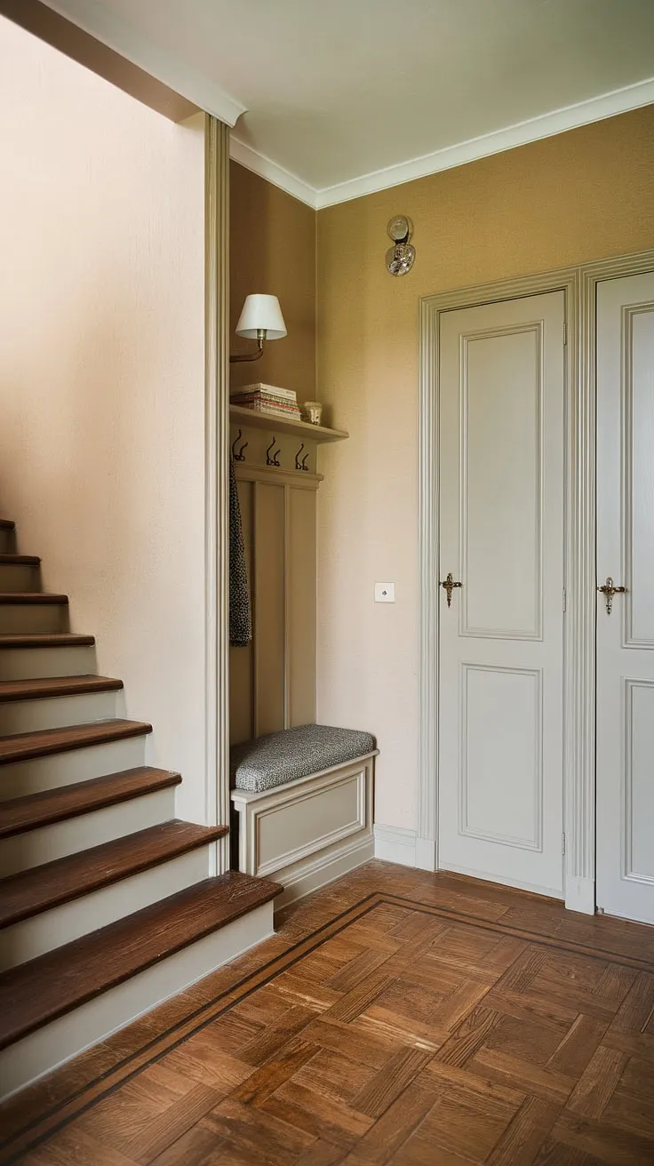 A cozy foyer entryway welcomes you to this charming bungalow. Note the efficient use of space in this small entrance with stairs, featuring an entryway storage bench and a small entryway closet. Perfect new build entryway inspiration.