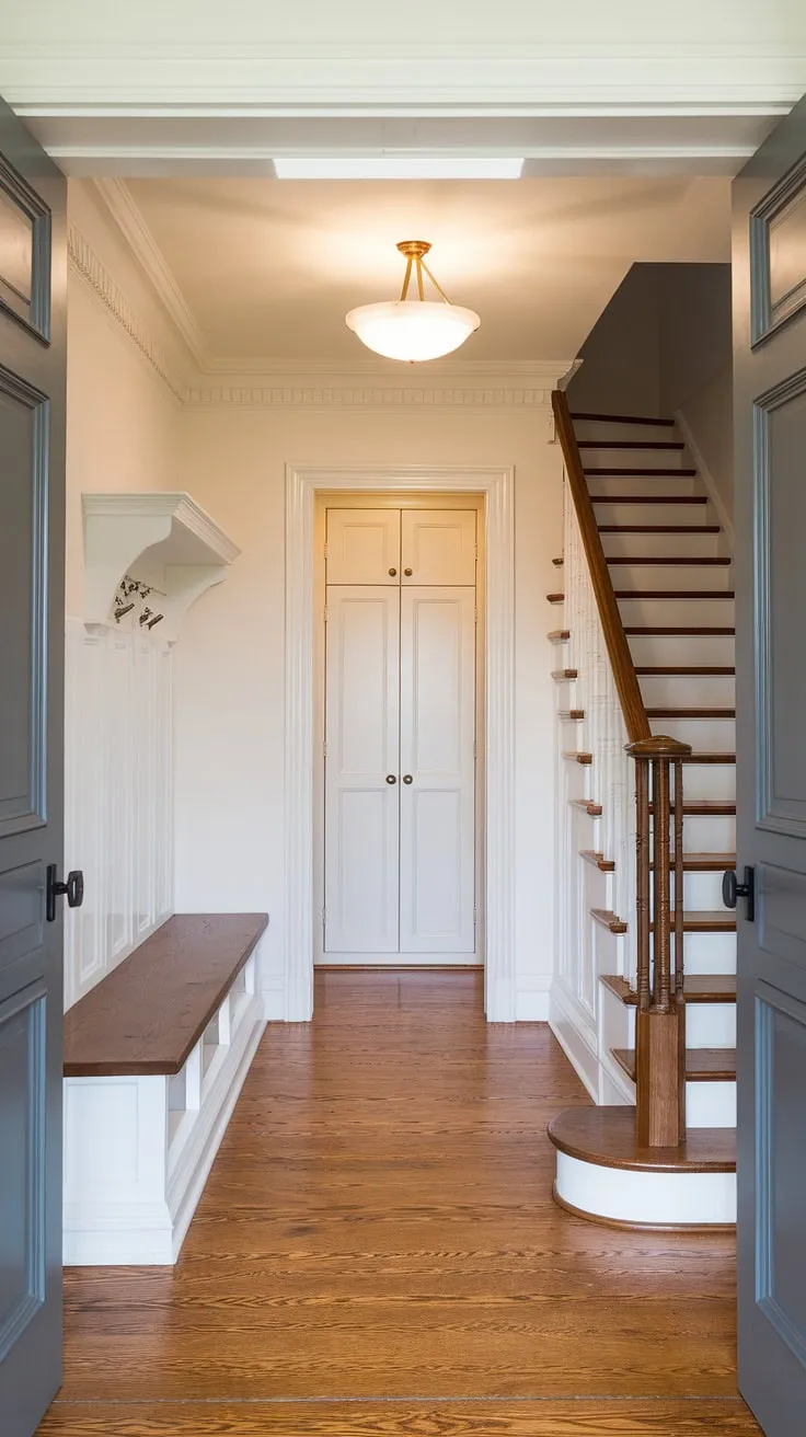 A charming bungalow entry hall, designed for both beauty and practicality. This new build entryway features a thoughtful layout, incorporating an entryway storage bench and small entryway closet, all within a stylish small entrance with stairs. Home entrance ideas don't get much better than this.
