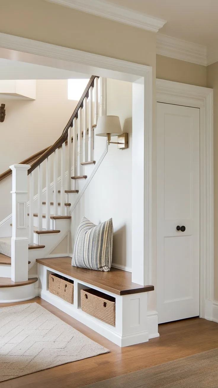 This thoughtfully designed new build entryway showcases smart storage solutions. A cozy entryway storage bench sits beneath a wall lamp, adding warmth to this small entrance with stairs. The light walls and wood floors create a welcoming atmosphere in this bungalow entry hall, providing ample inspiration for your own house entrance. The small entryway closet adds extra functionality to this efficient foyer entryway.