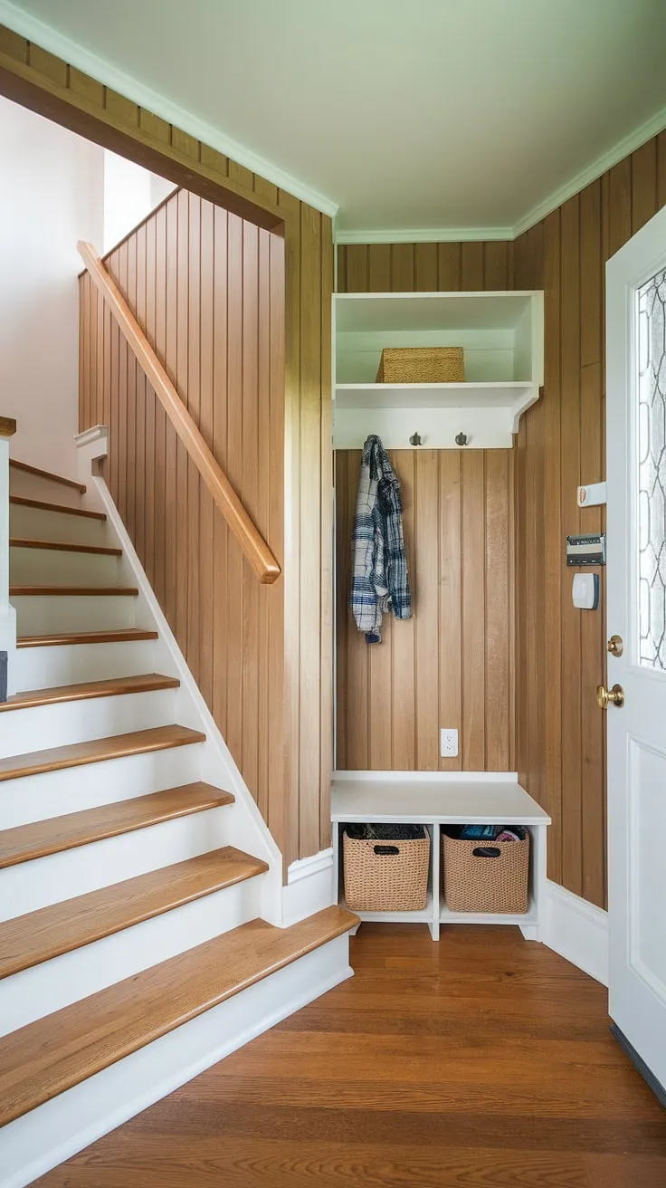 This new build entryway showcases a cozy and functional foyer entryway. The small entrance with stairs is elegantly designed with wood paneling and a built-in entryway storage bench and small entryway closet, creating a welcoming house entrance in this delightful bungalow entry hall.