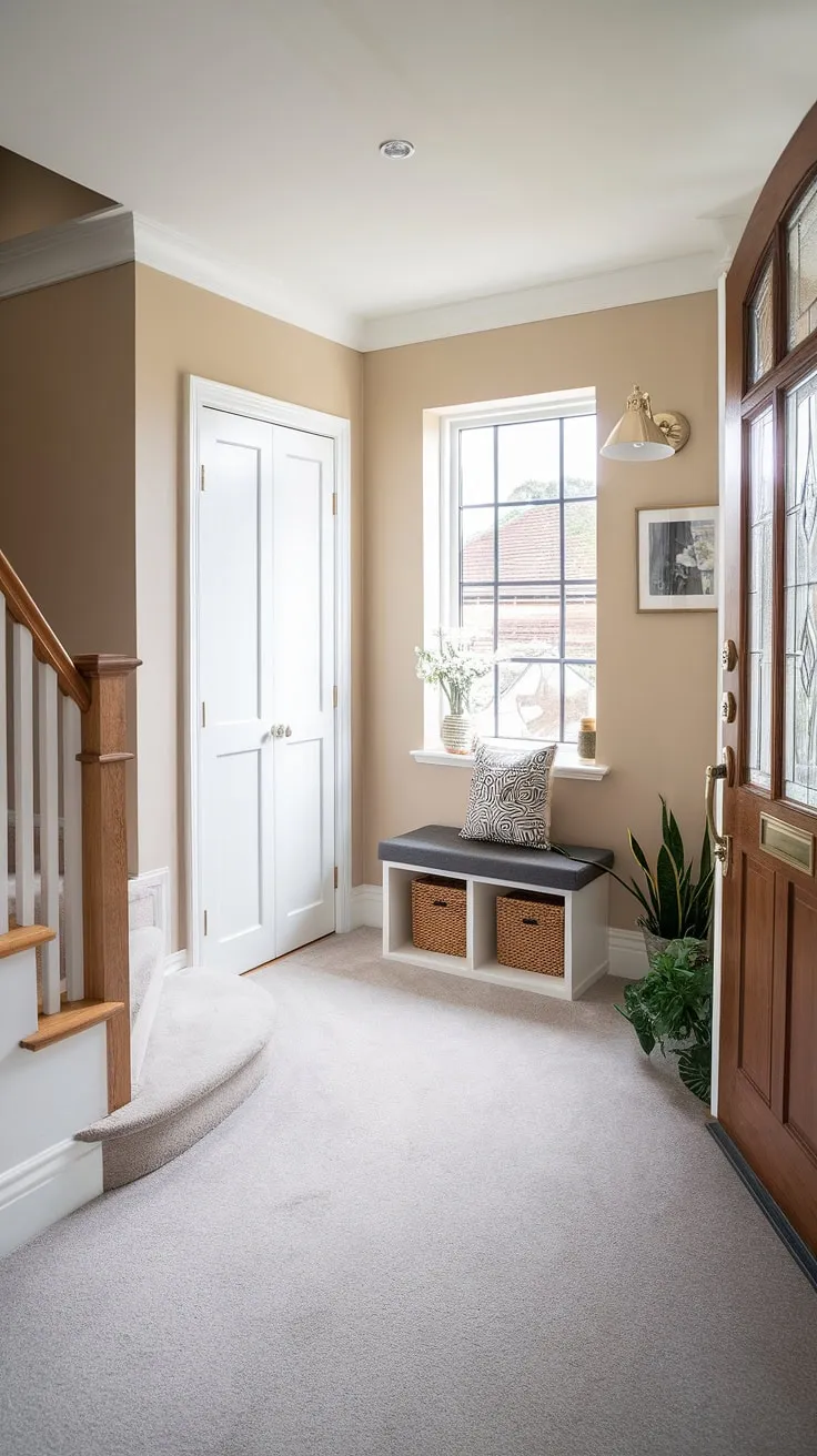 Step into this charming new build bungalow, where a thoughtfully designed foyer entryway welcomes you. The small entrance with stairs leading upstairs is cleverly maximized with an entryway storage bench beneath the window, providing both practicality and style. A small entryway closet near the house entrance offers additional storage, while the beige walls and light grey carpet create a calm and inviting atmosphere. This bungalow entry hall showcases excellent home entrance ideas for maximizing space in a small footprint.