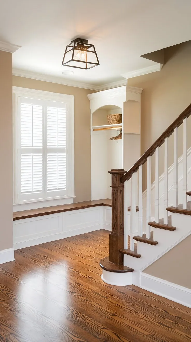 This new build entryway showcases a thoughtfully designed bungalow entry hall. The small entrance with stairs is enhanced by a small entryway closet and a built-in entryway storage bench, offering ample storage without compromising the airy feel. White shutters frame the window above the bench, complementing the modern light fixture in this charming house entrance.