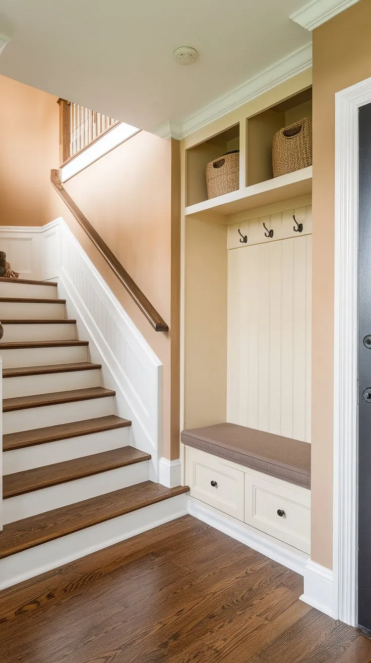 Warm beige walls and dark wood floors create a welcoming atmosphere in this new build bungalow's entry hall. The small entrance with stairs leading to the upper floor is cleverly designed with an entryway storage bench for practicality and a small entryway closet for added storage, showcasing smart home entrance ideas. This foyer entryway perfectly balances style and functionality in a compact space.
