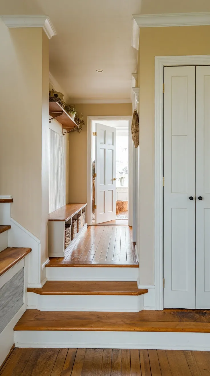 This charming bungalow entry hall welcomes you with a few steps leading up to a cozy interior. The entryway storage bench provides practical seating and storage, while the small entryway closet offers additional space. This new build entryway showcases clever home entrance ideas for maximizing space in a small entrance with stairs. The light beige walls and warm wooden plank floors create a welcoming foyer entryway.