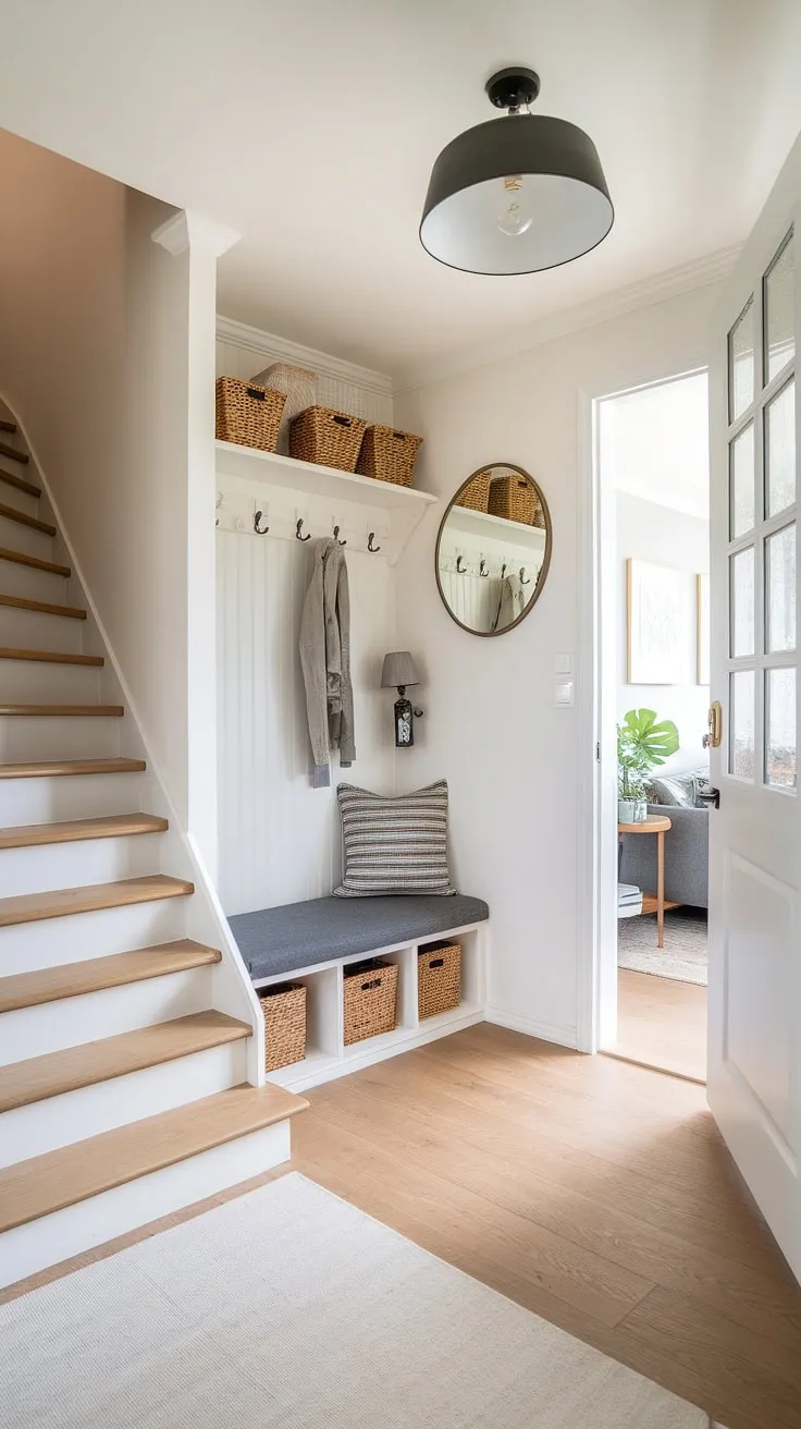 This charming new build bungalow boasts a welcoming house entrance. The small entryway, with its light wood flooring and white walls, feels spacious despite its size. A thoughtfully placed entryway storage bench and small entryway closet provide ample storage. The clever use of space in this bungalow entry hall, including the addition of a mirror and lamp, makes it a shining example of small entrance with stairs design. Explore these foyer entryway and home entrance ideas for your own home.