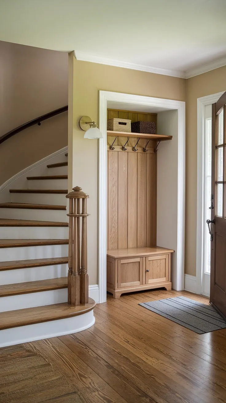Step into serenity: This bungalow entry hall, with its clever entryway storage bench and small entryway closet, maximizes space in a new build entryway. A perfect example of home entrance ideas for a small entrance with stairs.