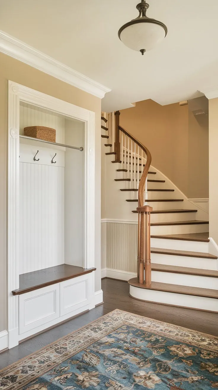 Light and airy, this new build entry hall offers a welcoming foyer entryway. The small entrance with stairs is surprisingly spacious thanks to thoughtful design, including a practical entryway storage bench and small entryway closet. A beautiful example of a bungalow entry hall and house entrance.