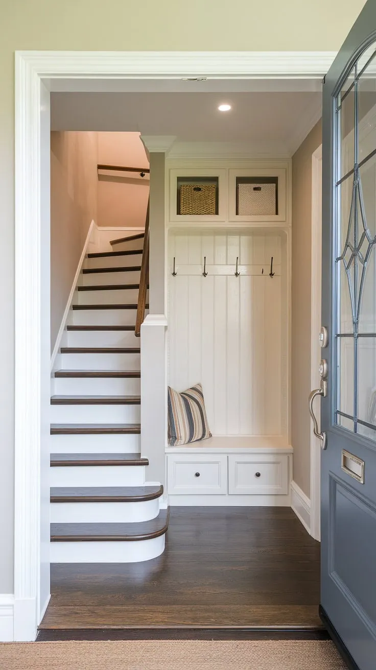 Step into this charming new build bungalow, where a thoughtfully designed foyer entryway welcomes you. The small entrance with stairs leads to the upper level, while the entry hall features clever storage solutions, including an entryway storage bench and a small entryway closet, maximizing space in this bungalow entry hall. This is a perfect example of home entrance ideas for maximizing functionality in a compact space.