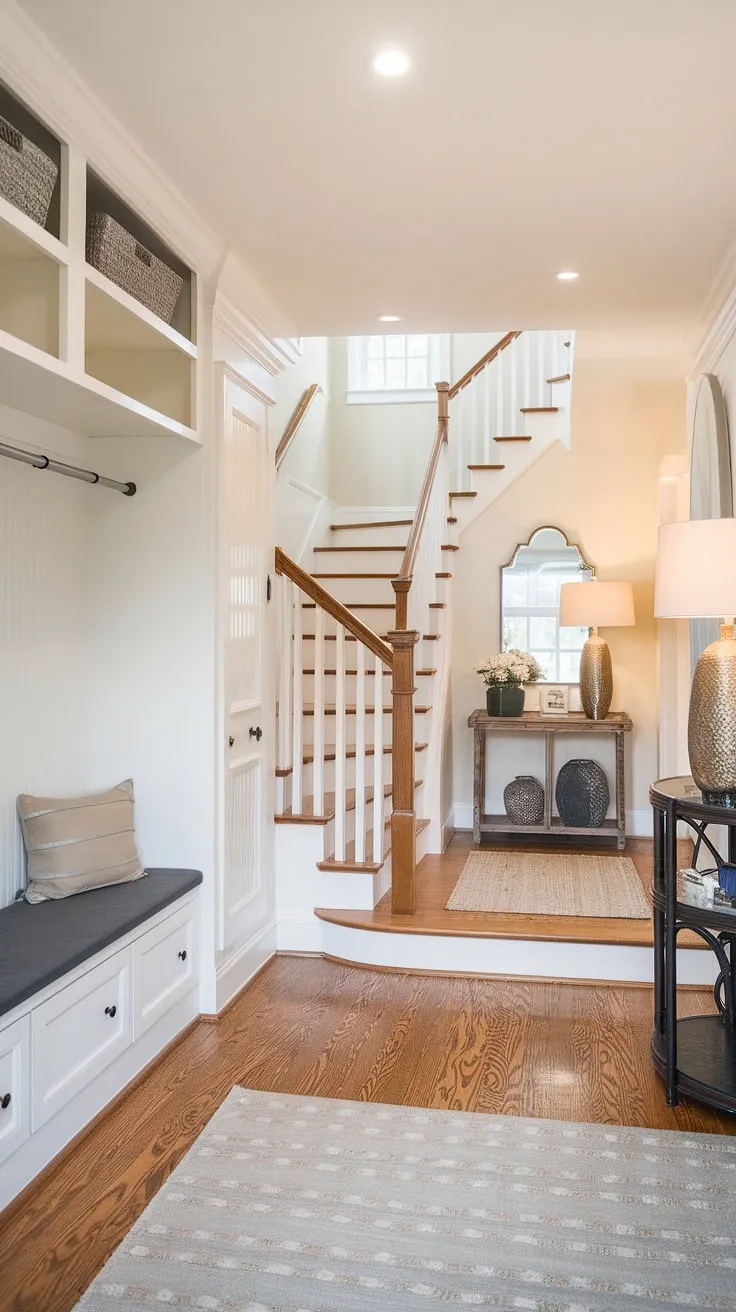 Step into this charming new build bungalow, where a thoughtfully designed foyer entryway welcomes you. The small entrance with stairs features clever home entrance ideas, including an entryway storage bench and a small entryway closet, maximizing space in this bungalow entry hall. Light hardwood floors and neutral walls create a bright and airy feel.