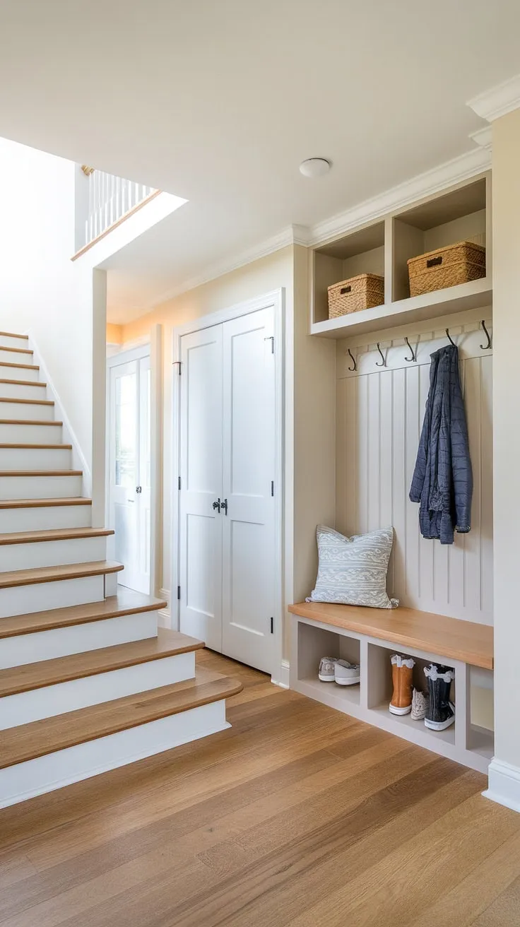 Sunlight streams into this bright and welcoming new build entryway, showcasing clever design in a small space. The bungalow entry hall features an entryway storage bench, a small entryway closet, and a coat rack, maximizing functionality within this small entrance with stairs. Perfect home entrance ideas for maximizing space. This foyer entryway is a delightful introduction to the home.