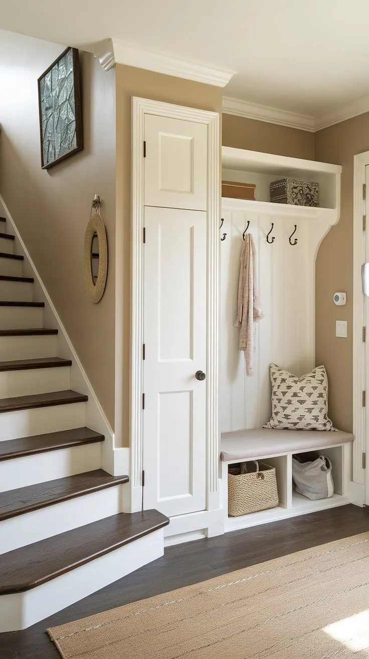 Step into serenity: This new build entryway, a perfect blend of style and function, showcases clever storage solutions in a small bungalow entry hall. The entryway storage bench and small entryway closet maximize space, making this foyer entryway and house entrance truly inviting.