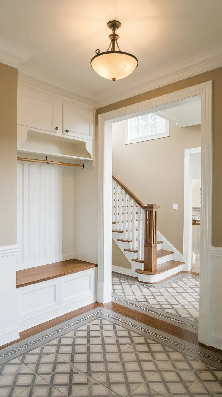 Bright, airy, and effortlessly stylish: This foyer entryway showcases how a small entrance with stairs can be transformed into a welcoming house entrance. The entryway storage bench and small entryway closet are genius solutions for this bungalow entry hall.