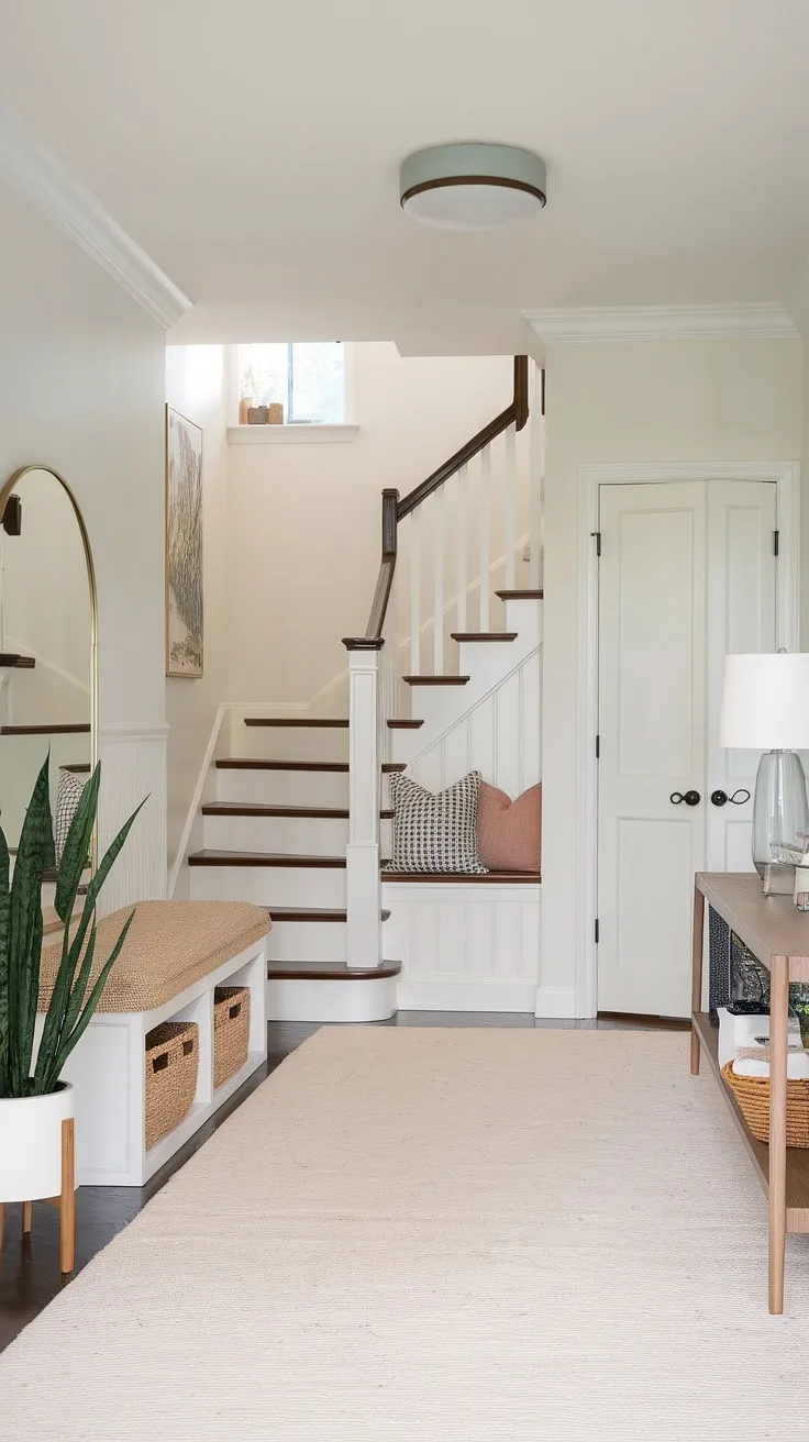 Step into this bright and welcoming new build entryway, showcasing clever design in a small space. The bungalow entry hall features a practical entryway storage bench with a potted plant, a small entryway closet for organization, and a small entrance with stairs leading upstairs. This foyer entryway offers ample home entrance ideas for maximizing space and style.
