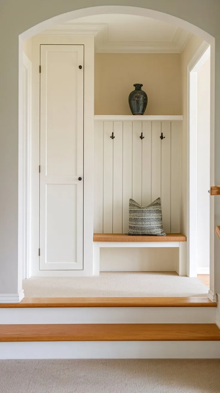 This thoughtfully designed bungalow entry hall offers a stylish and functional house entrance. The new build entryway incorporates a small entrance with stairs leading to an entryway storage bench, cleverly maximizing space. A discreet small entryway closet sits beside the bench, providing ample storage. The light carpet and decorative vase on the shelf complete the welcoming ambiance of this spacious foyer entryway. Excellent home entrance ideas for a small space.