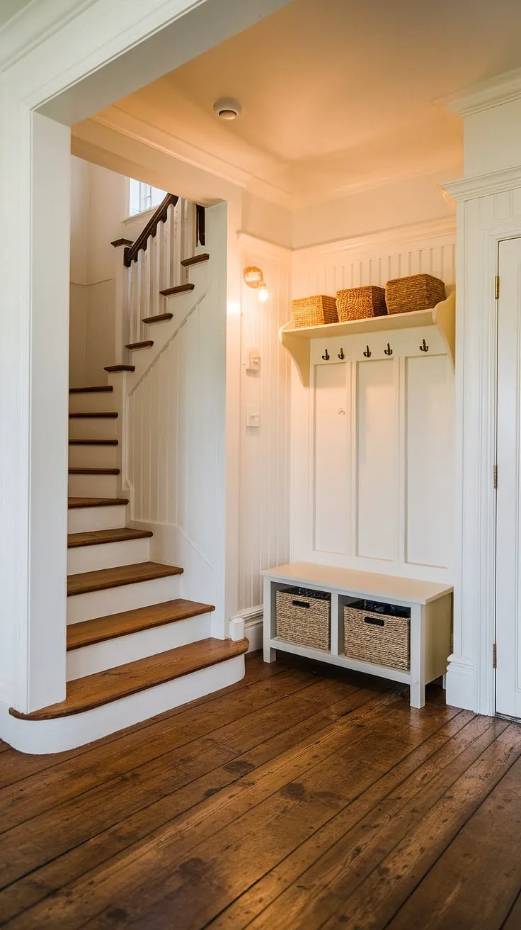 Warmth and welcome define this bungalow entry hall, showcasing clever storage solutions in a small space with stairs. The entryway storage bench and small entryway closet maximize functionality in this new build entryway, offering perfect home entrance ideas.