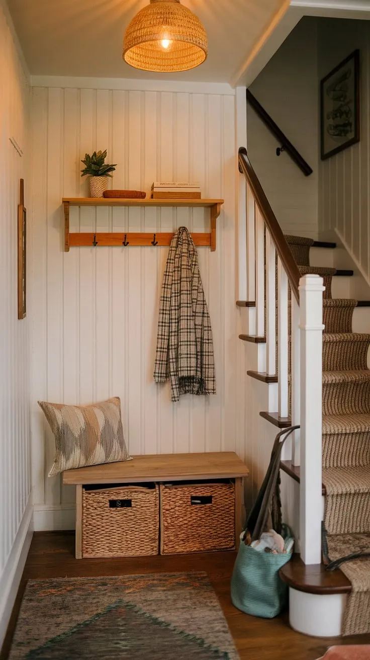 Step into cozy comfort: This bungalow entry hall, a perfect blend of function and charm, showcases clever home entrance ideas, including an entryway storage bench maximizing space in this small entrance with stairs. The new build entryway feels instantly welcoming.