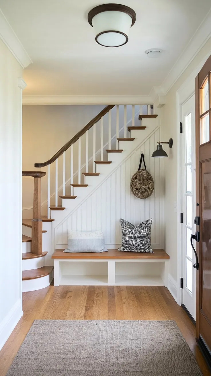 Step into serenity: This new build entryway, a charming bungalow entry hall, offers clever storage solutions with an entryway storage bench and small entryway closet, maximizing space in this small entrance with stairs. A perfect example of home entrance ideas.
