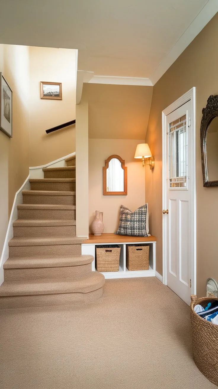 This charming bungalow entry hall welcomes you home. A thoughtfully designed house entrance, this small entrance with stairs boasts an entryway storage bench and small entryway closet, maximizing space and style. Explore new build entryway possibilities with this inviting foyer entryway.